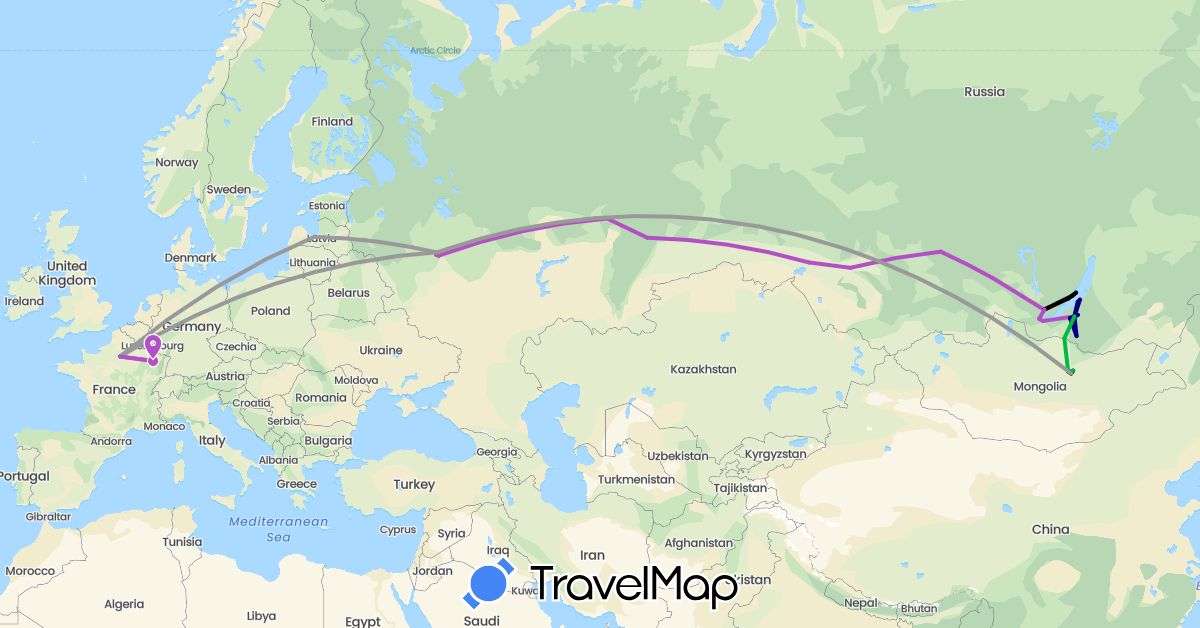 TravelMap itinerary: driving, bus, plane, train, hiking, boat, marchroutka in France, Latvia, Mongolia, Russia (Asia, Europe)